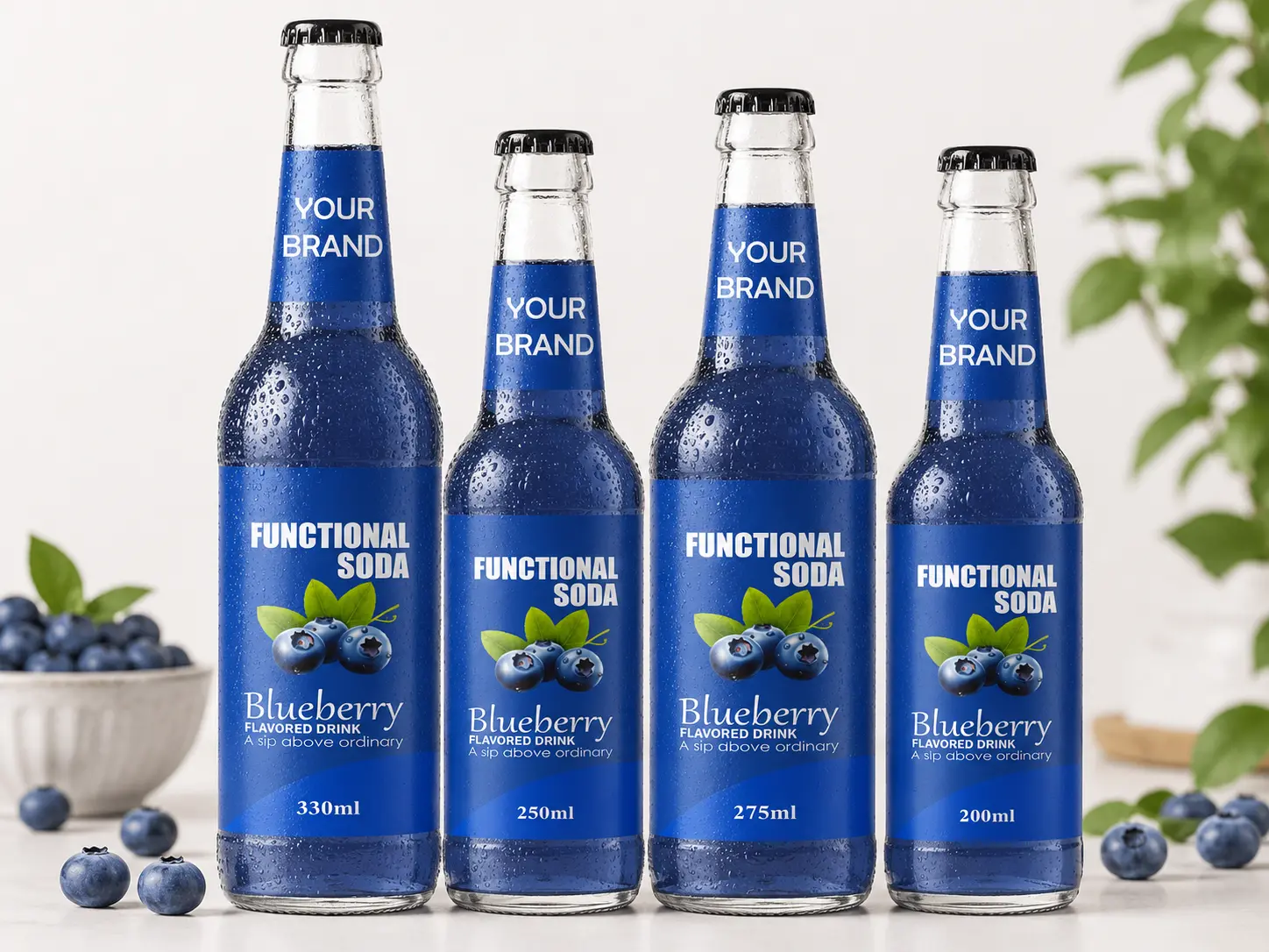 FUNCTIONAL SODA Blueberry Flavored Drink in 200ml, 250ml, 275ml and 330ml glass bottles.